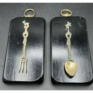 Antique Italian Bordini Ornate Fork and Spoon Serving Cherubs On Plaques -S84